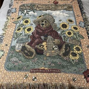 Boyds Bears & Friends "Ain't Life Sweet" tapestry throw blanket w/fringe